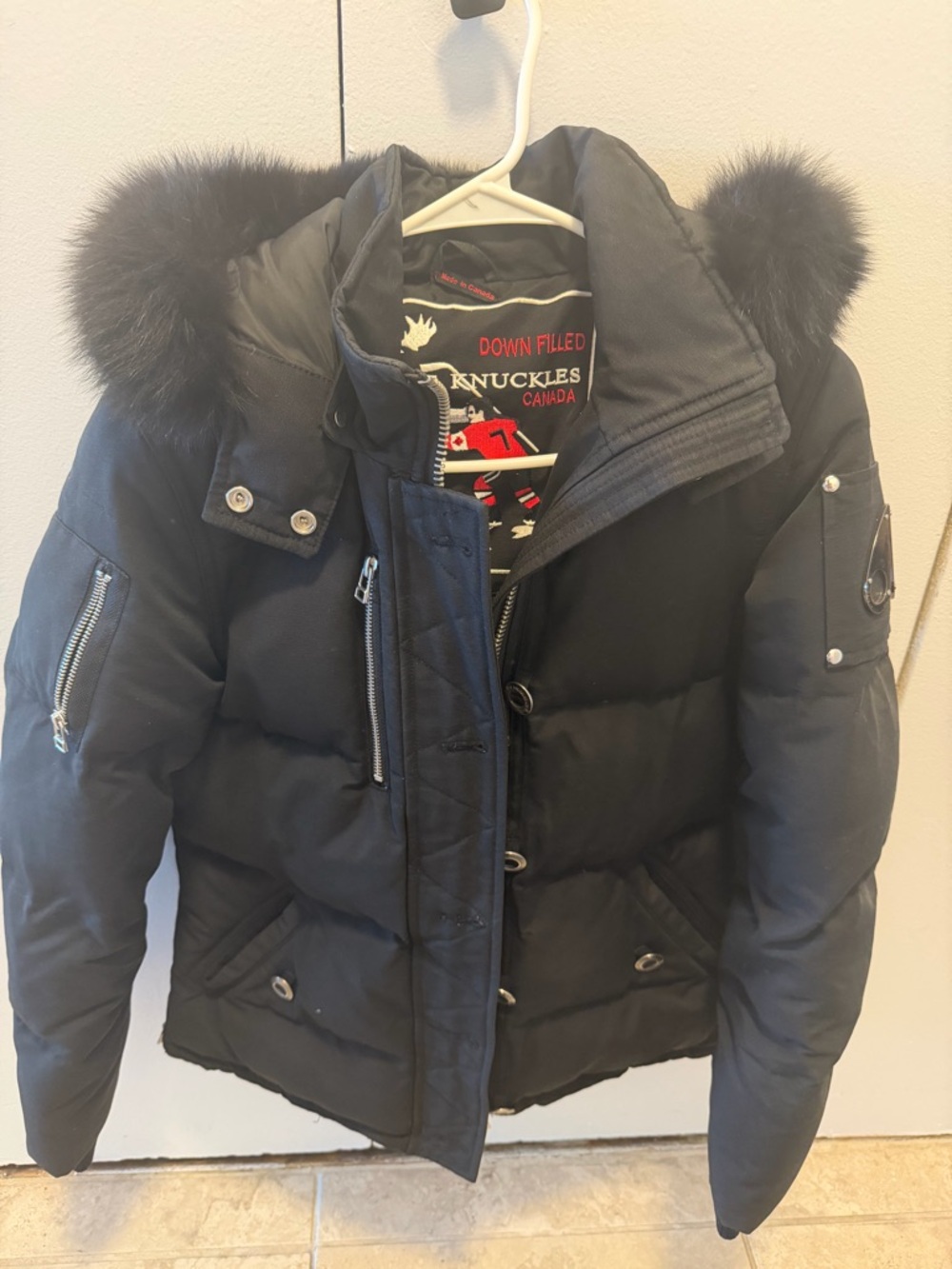 Moose Knuckles Black Down-Filled Puffer Jacket with Fur-Trim Hood